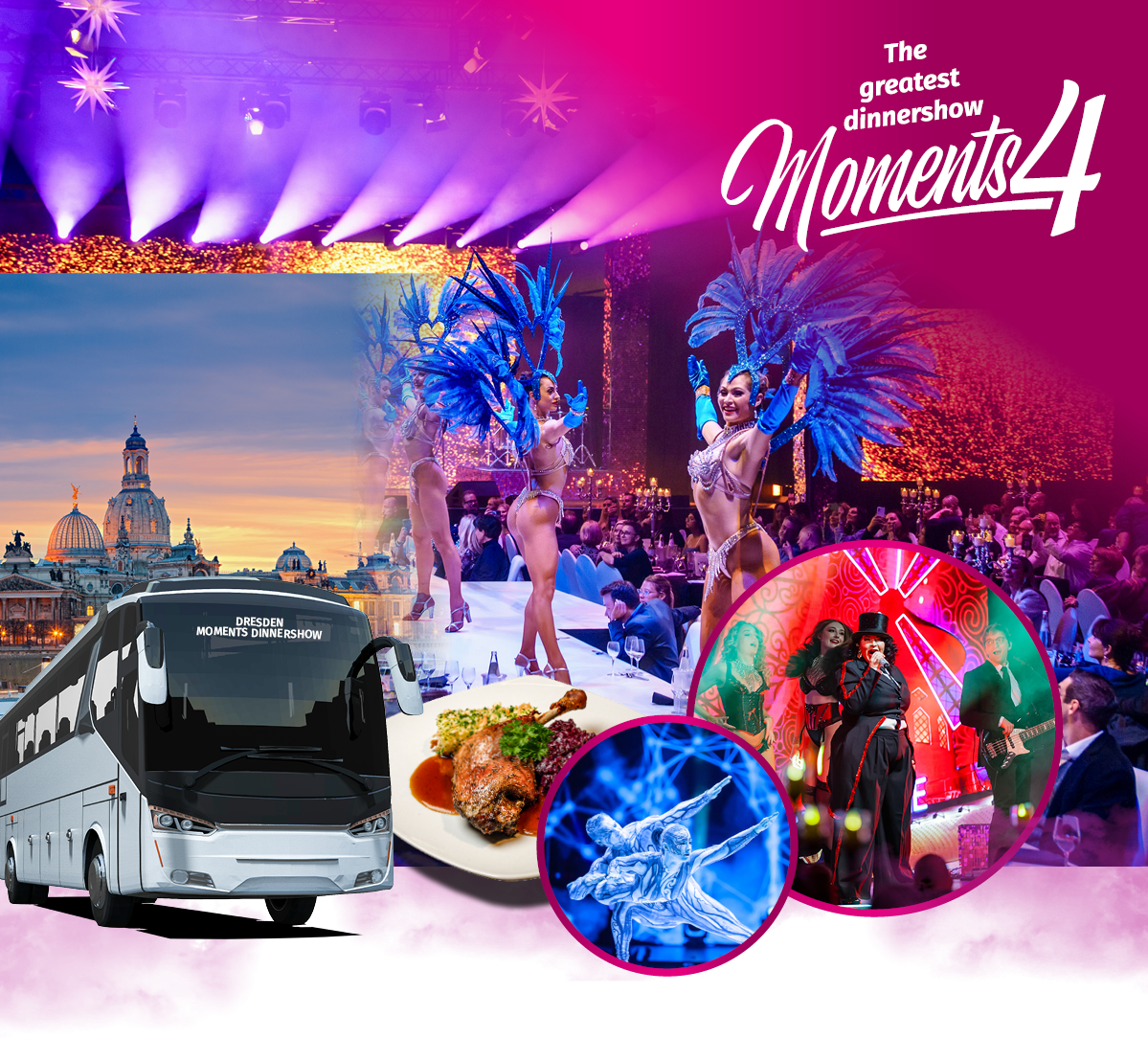 Zusammenstellung aus Ente Essen, Sängerin, Tänzern und dem Bus